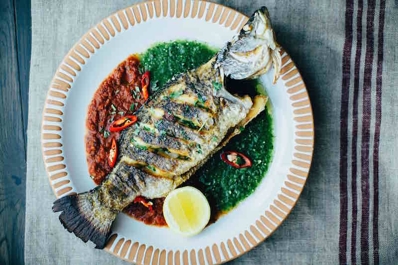 Barbecued Whole Sea Bass, Red & Green Salsas